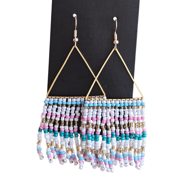 Jewelry - NWT - Gold and Blue Geometric Fringe Earrings
